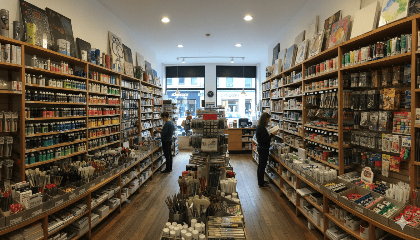 Vivfrvibrantea butik interiør med hylder fyldt med kunstmaterialer